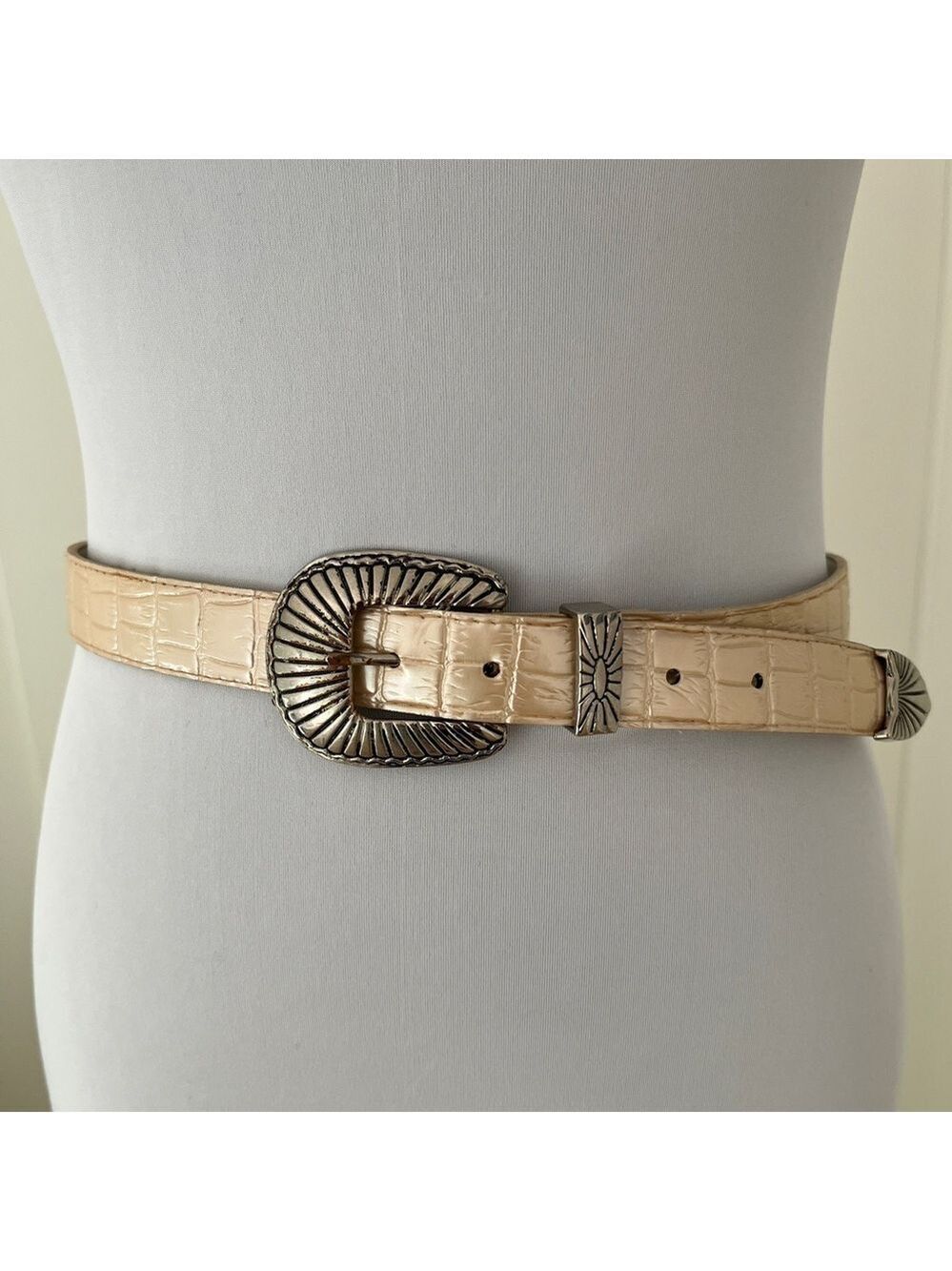 LANDES Faux Leather Belt Opalescent Cream Colour Crocodile Pattern Western Chic